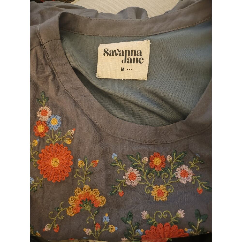 Savanna Jane Boho Embroidered Short Dress 3/4 Sleeves Smoke Gray Cottagecore M - Picture 5 of 8